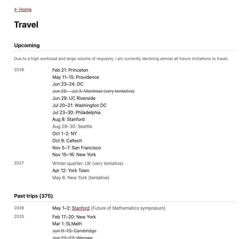 陶哲轩的 Travel 页面:按年份排列未来行程与历史行程